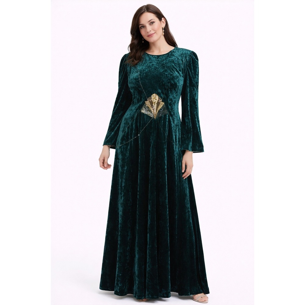 Ricki Lang Nuit Maxi Dress Womens 8 Green Crushed Velvet Beaded Art Deco Vintage